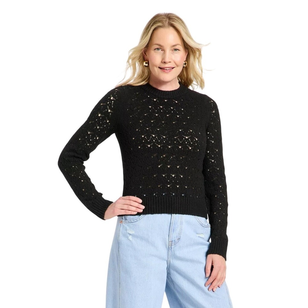 Universal Thread‎ Women's Black Pointelle Eyelet Knit Crewneck Sweater Size L